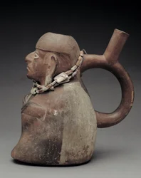 Stijgbeugelvaas die een hoogwaardigheidsbekleder onder invloed van coca uitbeeldt, 1e-8e eeuw na Chr. (terracotta)